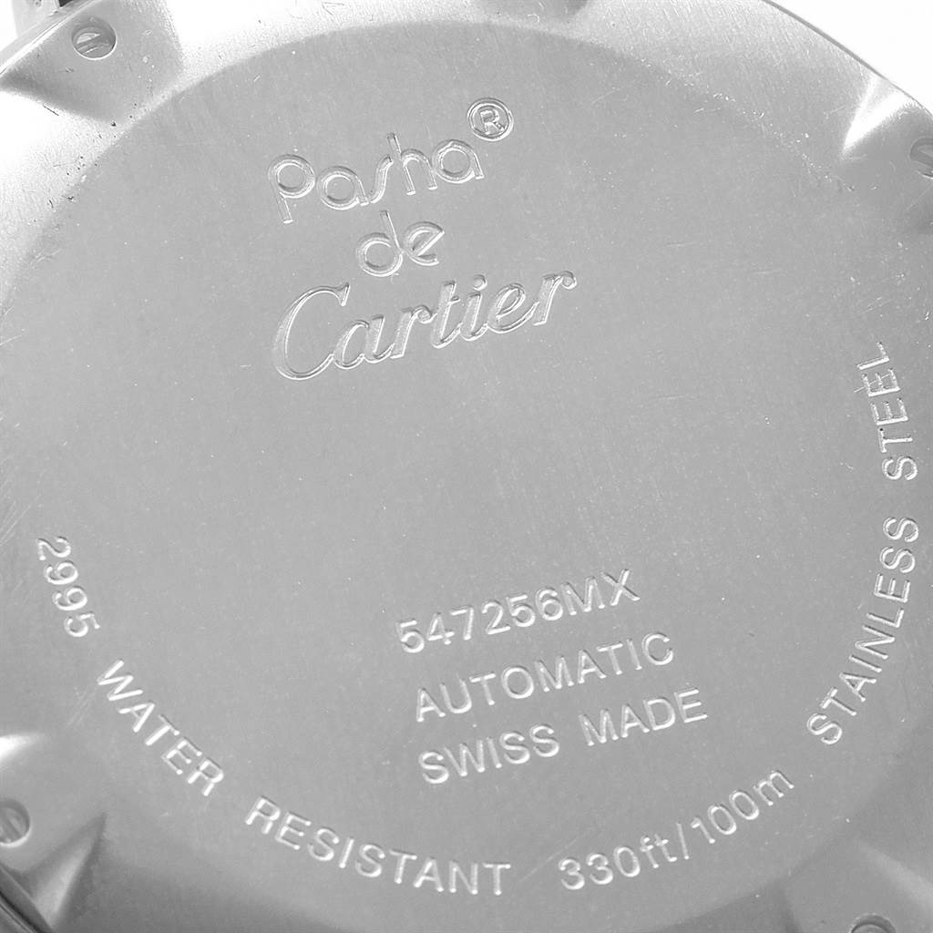 The image shows the back case of a Cartier Pasha W31088U2 Men
s Stainless Steel Black Dial W31088U2 Men
s Stainless Steel Black Dial watch, highlighting engravings with model information and specifications.