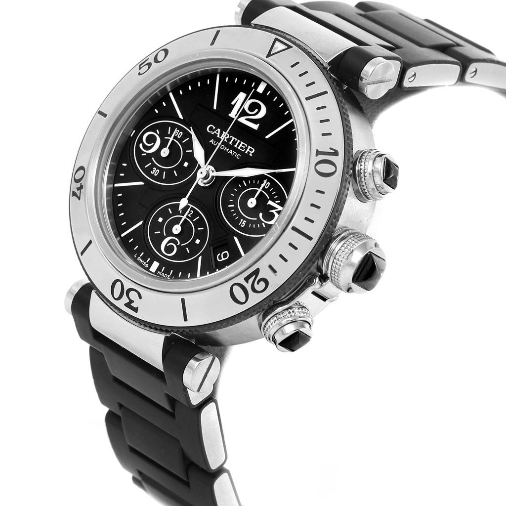 The image shows a side-angle view of a Cartier Pasha W31088U2 Men
s Stainless Steel Black Dial W31088U2 Men
s Stainless Steel Black Dial watch, highlighting its black dial, bezel, crown, and rubber strap.