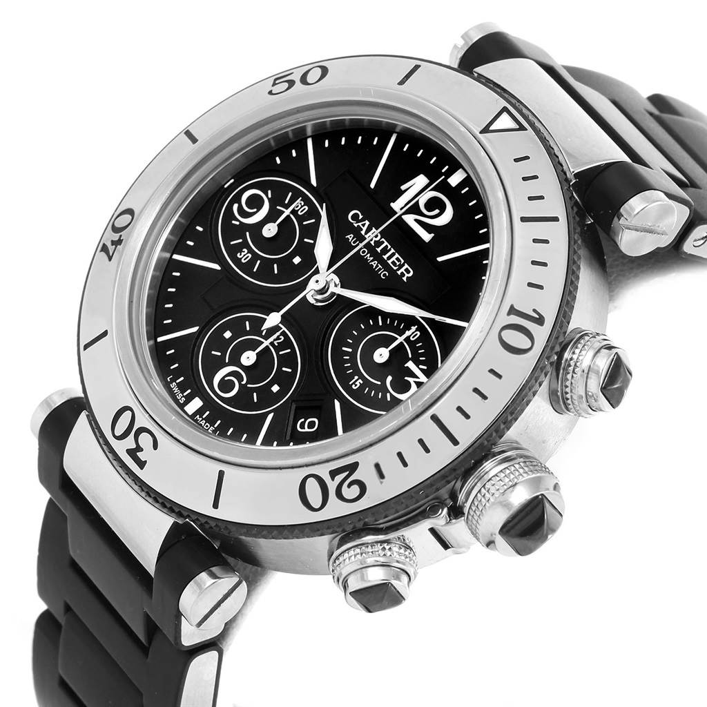 The image shows a side-angle view of the Cartier Pasha W31088U2 Men
s Stainless Steel Black Dial W31088U2 Men
s Stainless Steel Black Dial watch, highlighting its bezel, dial, chronograph sub-dials, and bracelet.