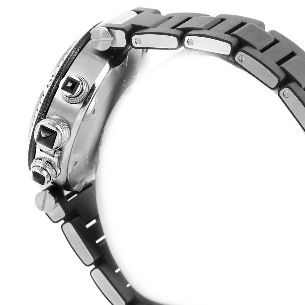 Side view of a Cartier Pasha W31088U2 Men
s Stainless Steel Black Dial W31088U2 Men
s Stainless Steel Black Dial watch showing the crown, pushers, and part of the bracelet.