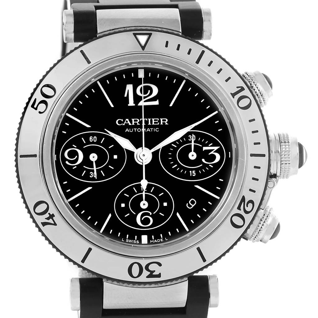 This image shows a frontal view of the Cartier Pasha W31088U2 Men
s Stainless Steel Black Dial W31088U2 Men
s Stainless Steel Black Dial watch, highlighting the dial, bezel, and crown.