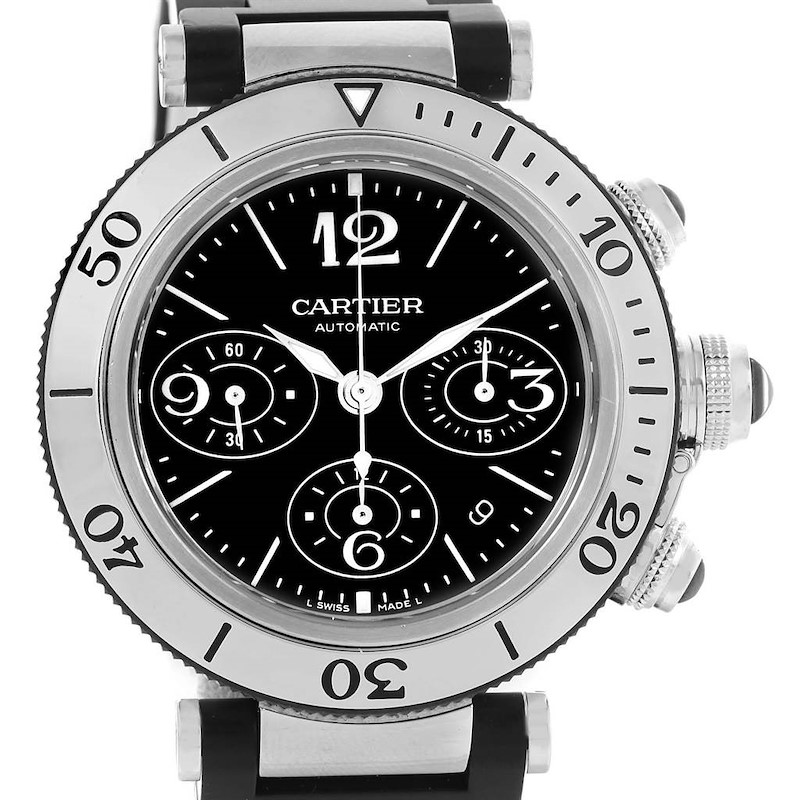 Cartier Pasha Seatimer Chronograph Rubber Strap Mens Watch W31088U2 Papers SwissWatchExpo