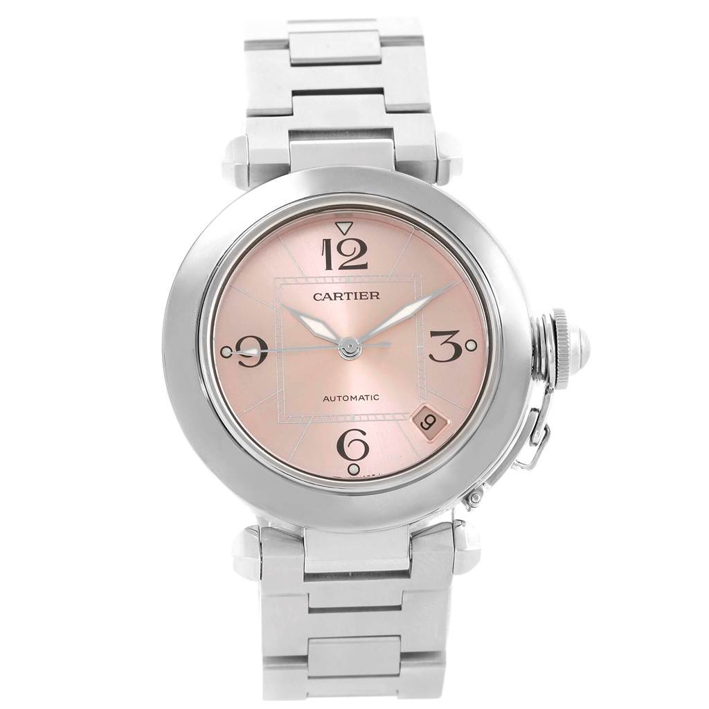 This image shows a Cartier Pasha W31075M7 Men's Stainless Steel Pink Dial W31075M7 Men's Stainless Steel Pink Dial watch from a front angle, highlighting its dial, bracelet, and case.