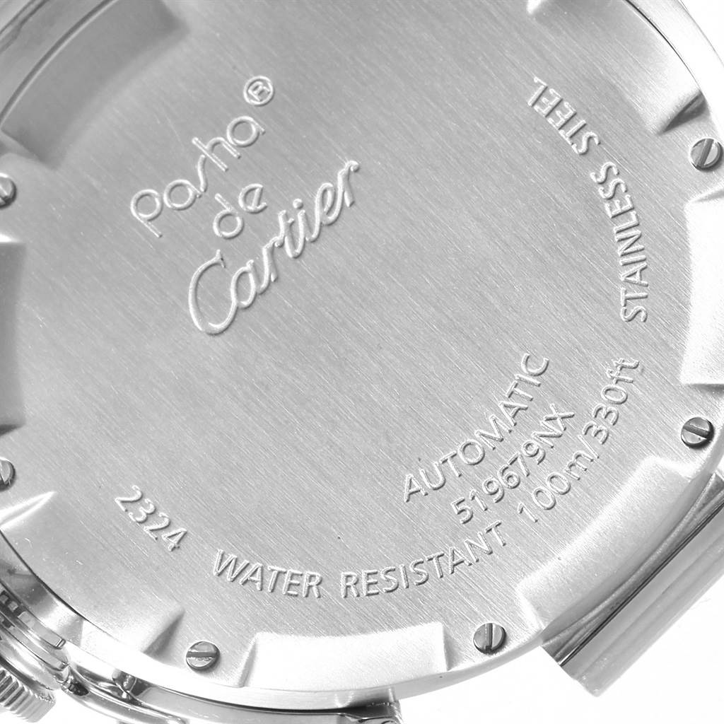The image shows the back case of a Cartier Pasha W31075M7 Men's Stainless Steel Pink Dial W31075M7 Men's Stainless Steel Pink Dial model watch, detailing its specifications.