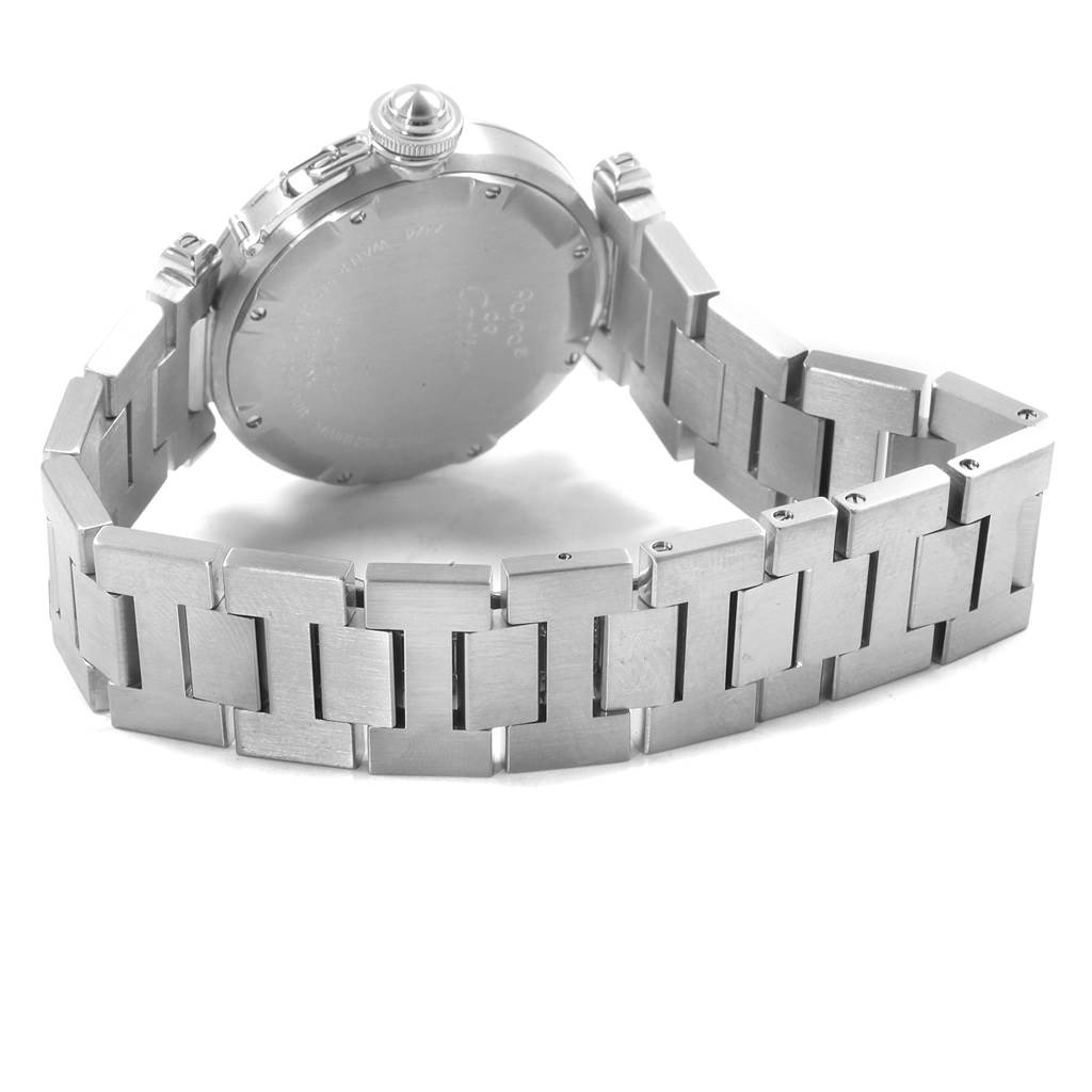 This image shows the back case and part of the stainless steel bracelet of the Cartier Pasha W31075M7 Men's Stainless Steel Pink Dial W31075M7 Men's Stainless Steel Pink Dial watch.