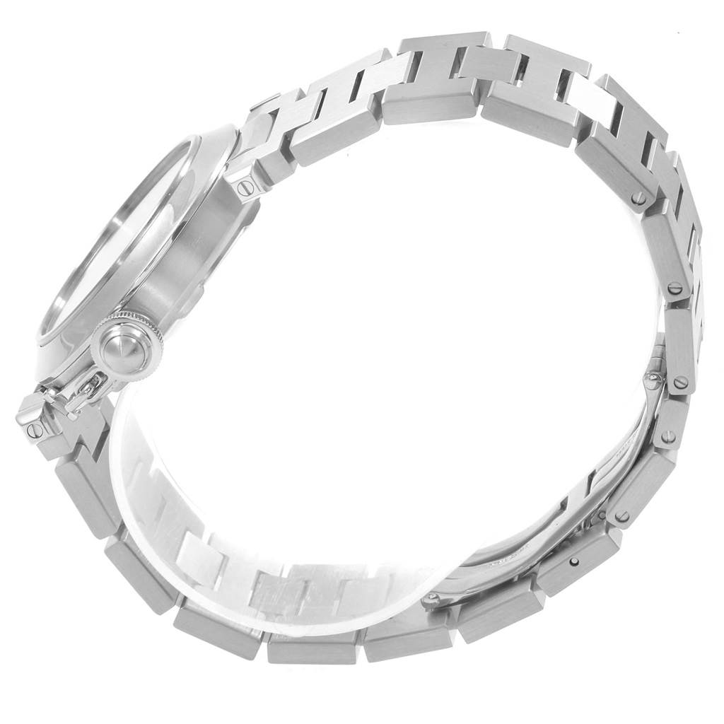 The Cartier Pasha W31075M7 Men's Stainless Steel Pink Dial W31075M7 Men's Stainless Steel Pink Dial watch is shown from a side angle, highlighting its bracelet and case.