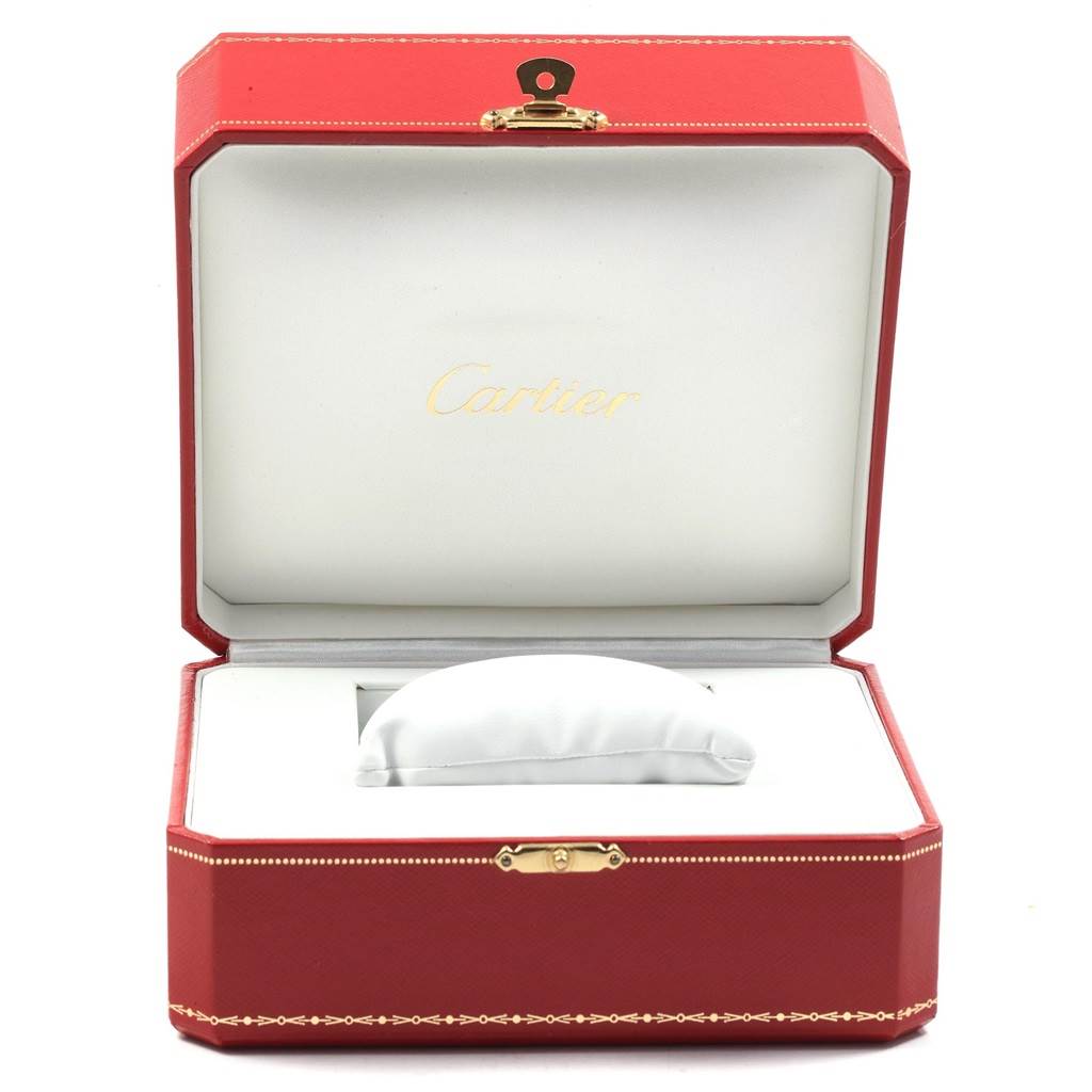 The image shows an open Cartier watch box for the Pasha model, highlighting its interior and cushion.
