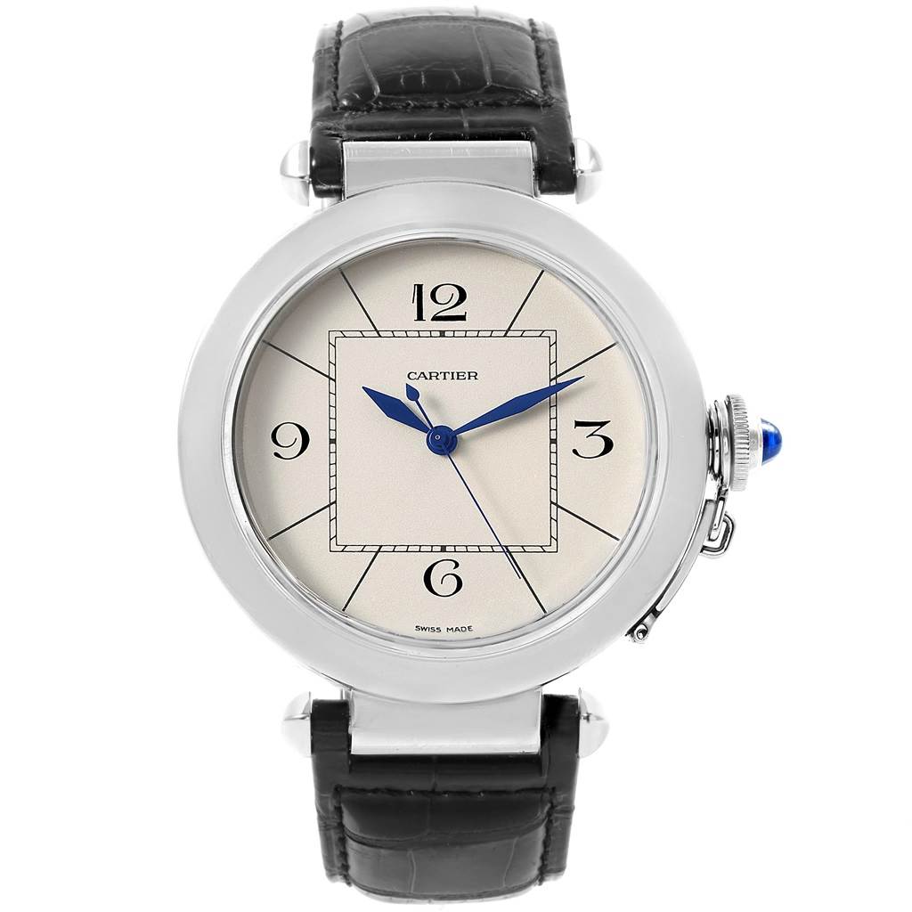 This image shows a front view of the Cartier Pasha W3107255 Men's Stainless Steel Silver Dial W3107255 Men's Stainless Steel Silver Dial watch, highlighting its dial, hands, crown, and leather strap.