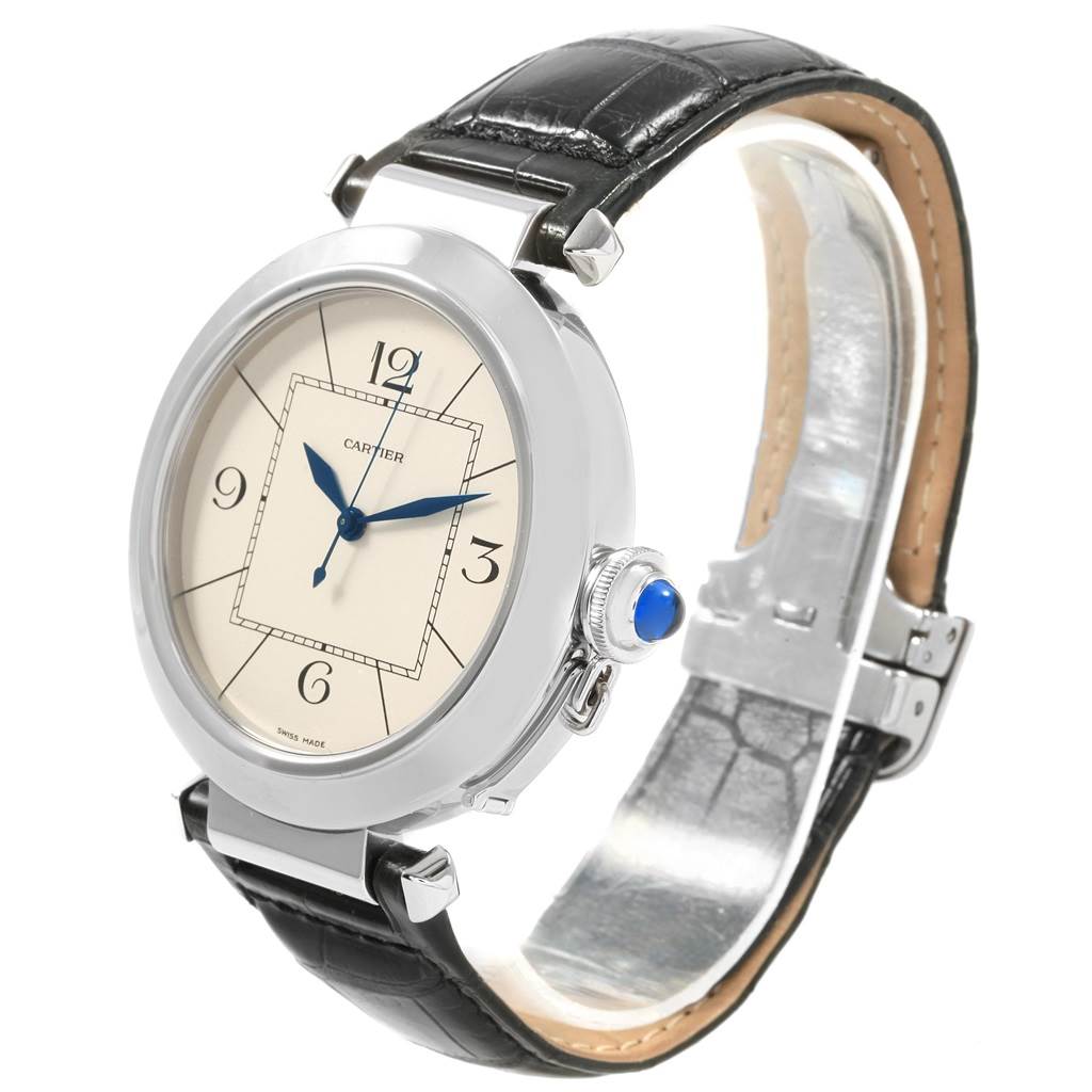 The image shows a Cartier Pasha W3107255 Men's Stainless Steel Silver Dial W3107255 Men's Stainless Steel Silver Dial watch at a three-quarter angle, highlighting the face, crown, and leather strap.