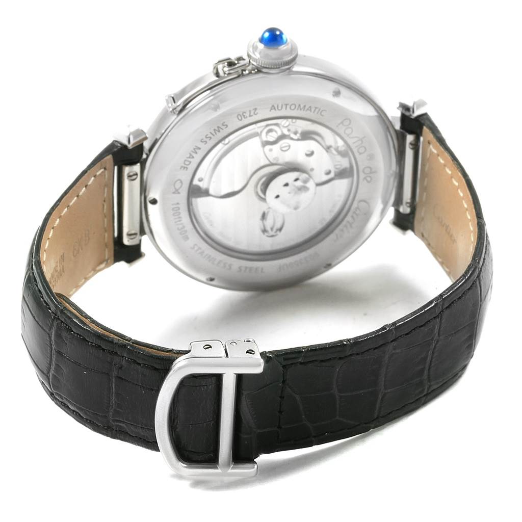 The image shows the back view of the Cartier Pasha W3107255 Men's Stainless Steel Silver Dial W3107255 Men's Stainless Steel Silver Dial watch, highlighting its movement, case back, and black leather strap.