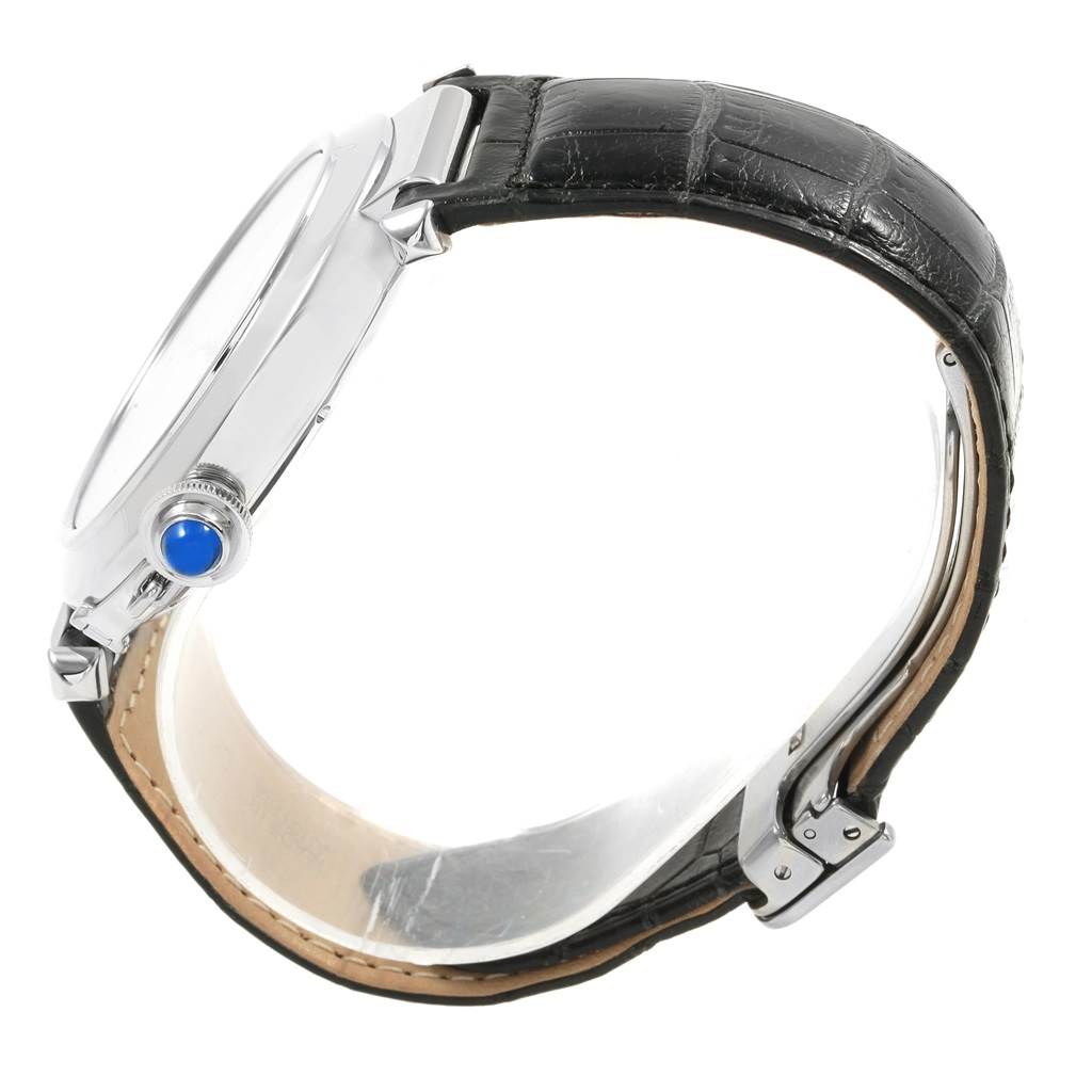 The image shows a side view of a Cartier Pasha W3107255 Men's Stainless Steel Silver Dial W3107255 Men's Stainless Steel Silver Dial watch highlighting its crown, case, and leather strap.