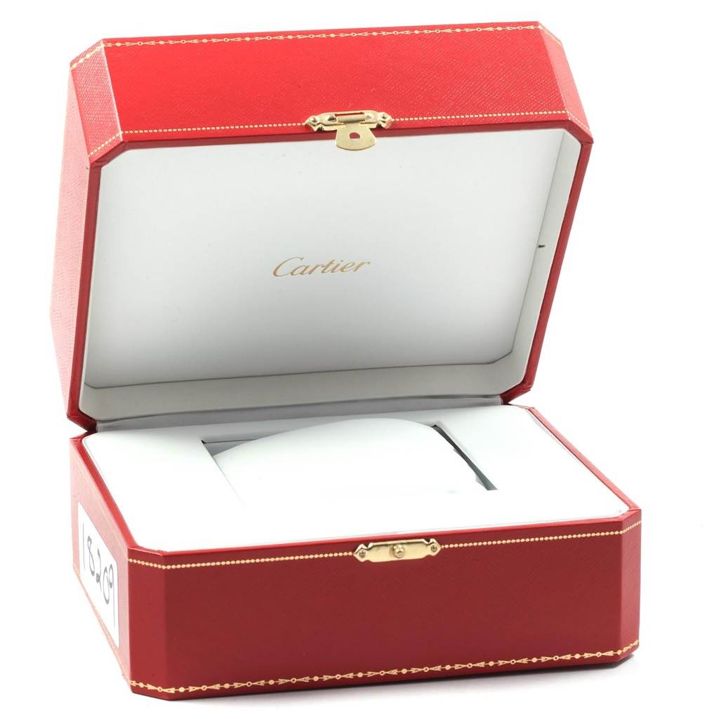 The image shows an open red and white watch box for the Cartier Pasha W3107255 Men's Stainless Steel Silver Dial W3107255 Men's Stainless Steel Silver Dial model from a front angle.