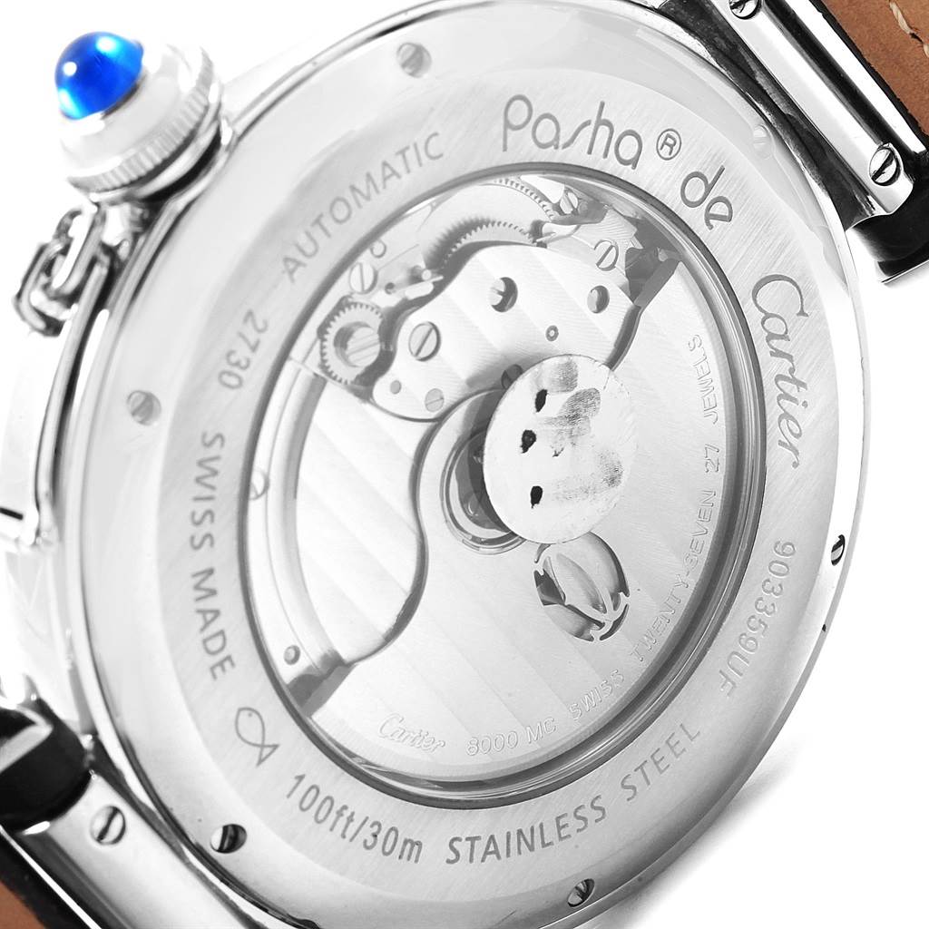 The image shows the back of the Cartier Pasha W3107255 Men's Stainless Steel Silver Dial W3107255 Men's Stainless Steel Silver Dial watch, displaying the automatic movement and engravings.