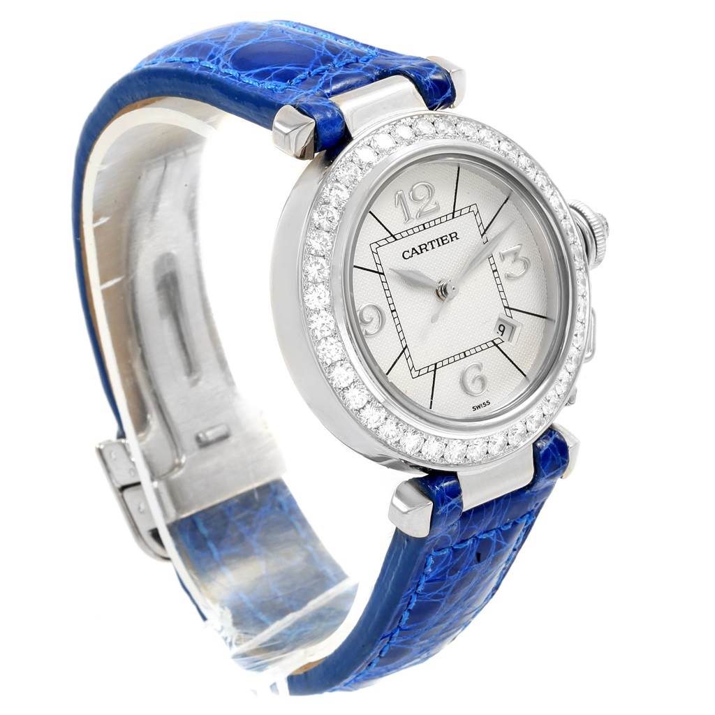 Cartier Pasha 32 18K White Gold Blue Strap Diamond Ladies Watch