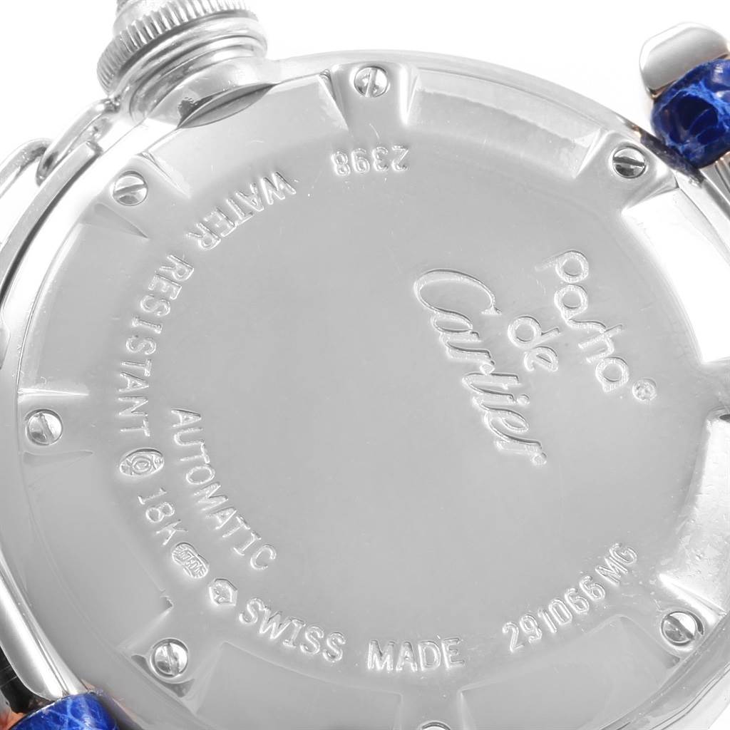 This image shows the back case of a Pasha de Cartier watch, highlighting its inscriptions and the water resistance marking.