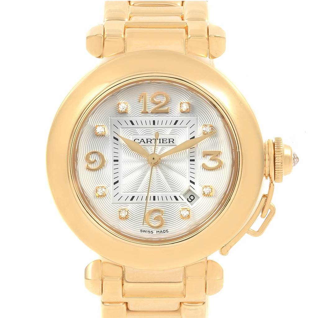 This image shows a front view of the Cartier Pasha 2397 Women's Yellow Gold Silver Dial 2397 Women's Yellow Gold Silver Dial model watch, highlighting its face, bracelet, and crown.