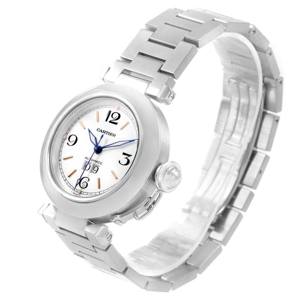 This image shows a side-angle view of the Cartier Pasha W31044M7 Men's Stainless Steel White Dial W31044M7 Men's Stainless Steel White Dial watch, highlighting the front face and metal bracelet.