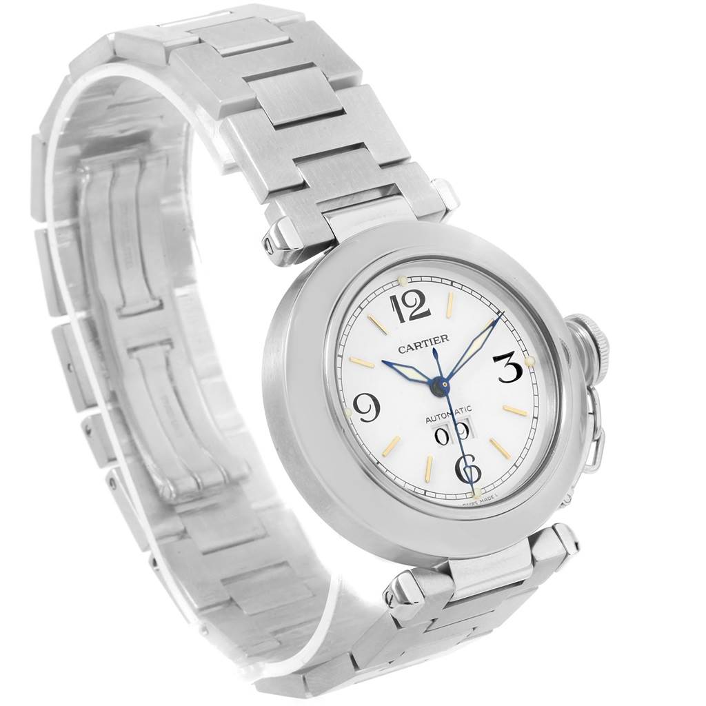 The image shows a Cartier Pasha W31044M7 Men's Stainless Steel White Dial W31044M7 Men's Stainless Steel White Dial watch at a slight angle, highlighting its round face, crown, and metal bracelet.