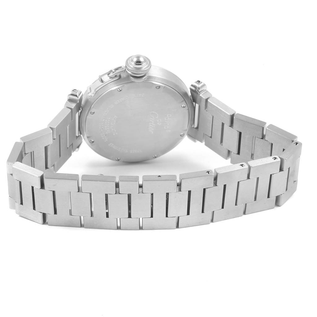 The image shows the back and the bracelet of the Cartier Pasha W31044M7 Men's Stainless Steel White Dial W31044M7 Men's Stainless Steel White Dial watch.