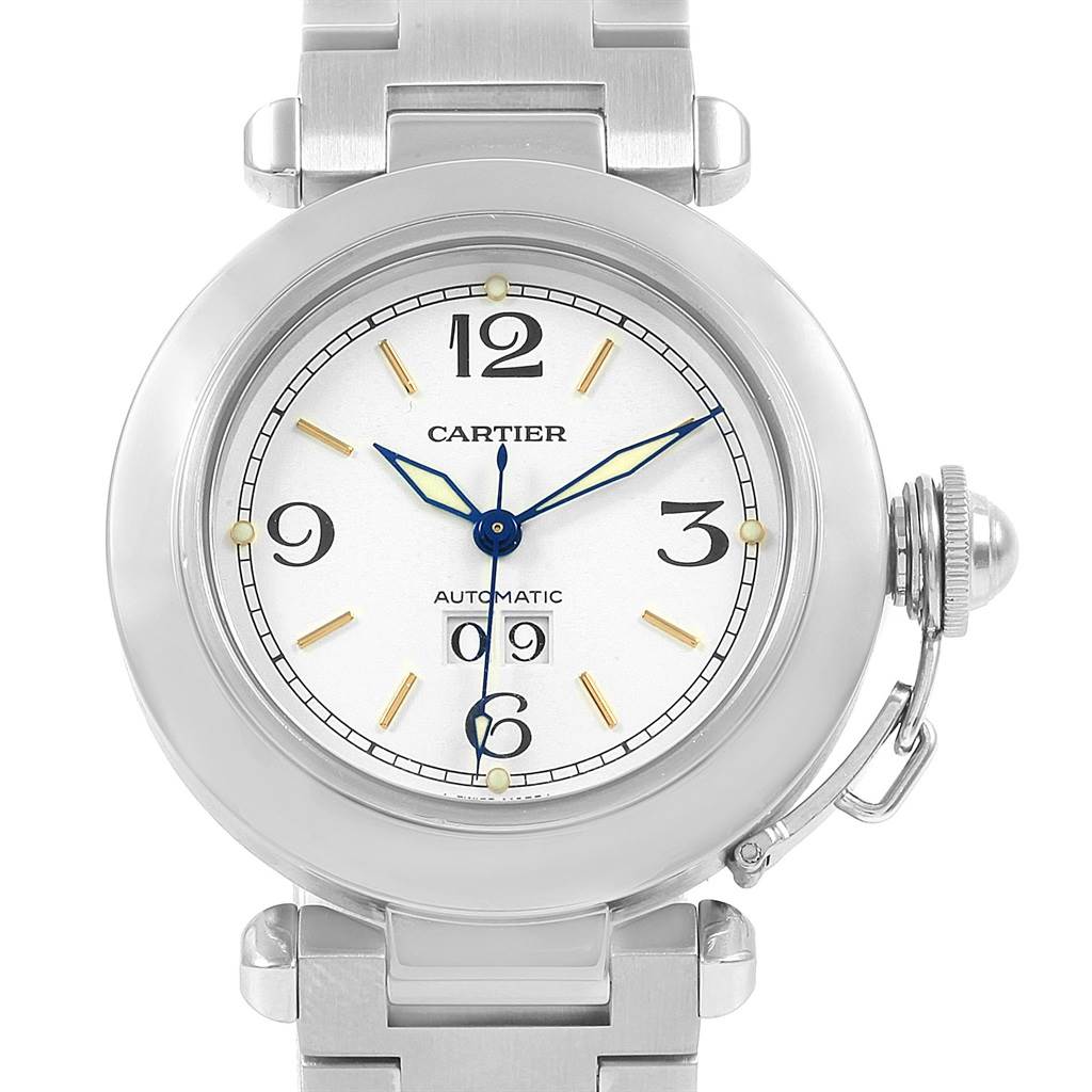 The image shows a frontal view of a Cartier Pasha W31044M7 Men's Stainless Steel White Dial W31044M7 Men's Stainless Steel White Dial watch, displaying its face, crown, and part of the bracelet.