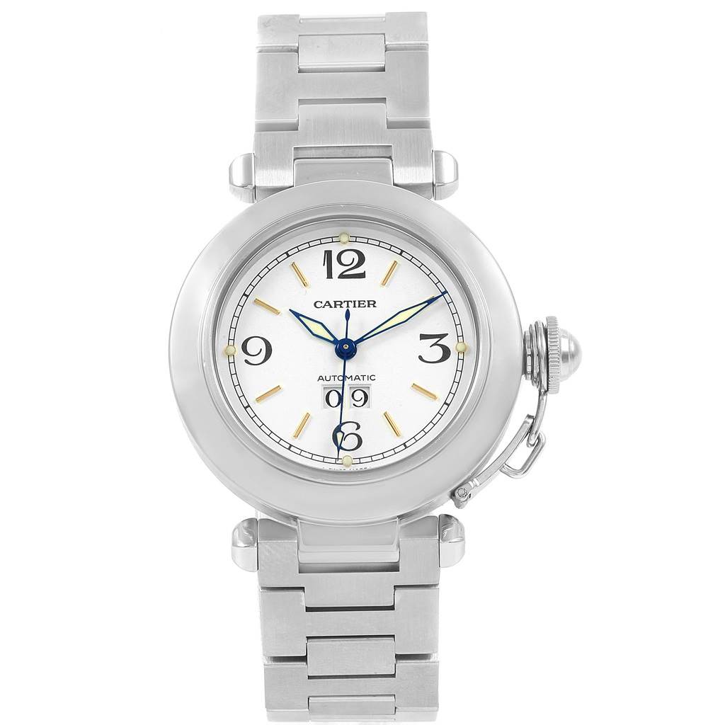 The image shows a front view of a Cartier Pasha W31044M7 Men's Stainless Steel White Dial W31044M7 Men's Stainless Steel White Dial watch, highlighting the face, bracelet, and crown protector.