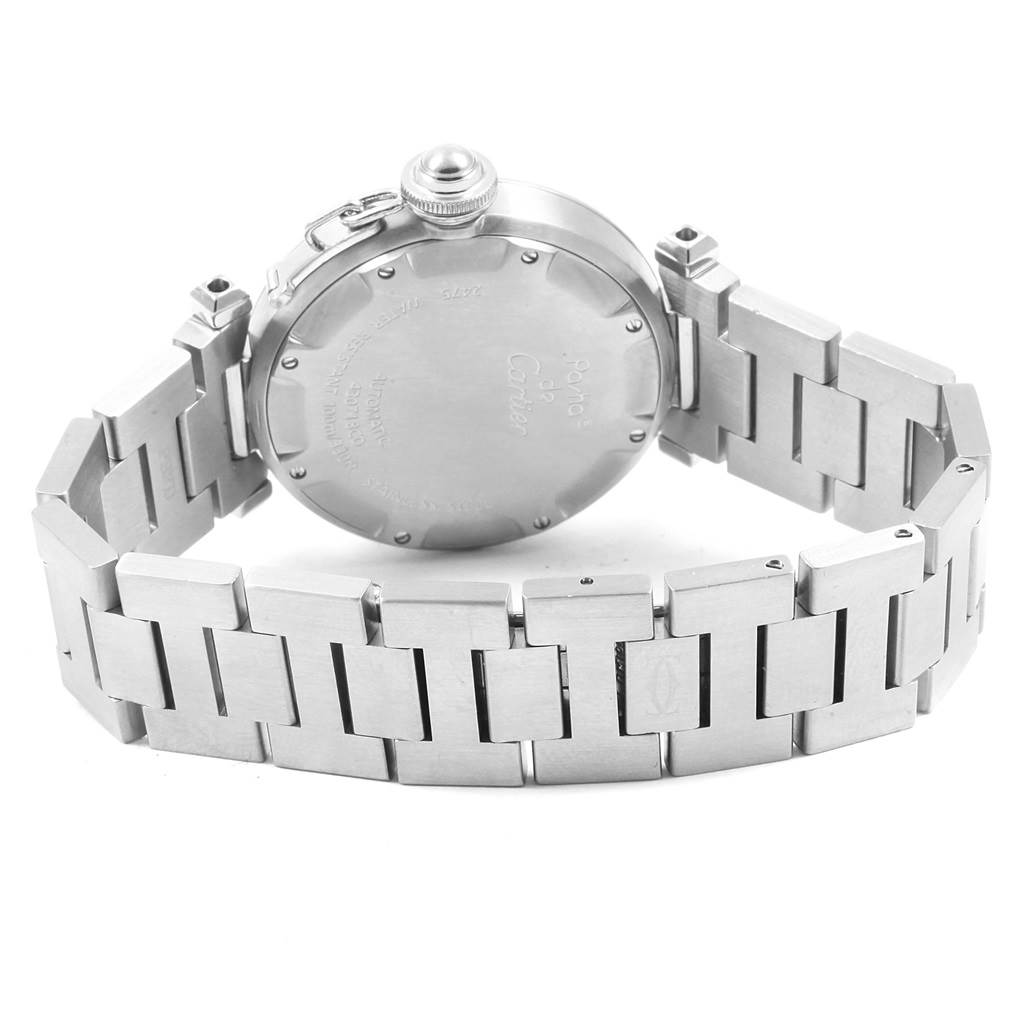 The image shows the back case and bracelet of a Cartier Pasha W31044M7 Men's Stainless Steel White Dial W31044M7 Men's Stainless Steel White Dial watch, captured from a rear angle.