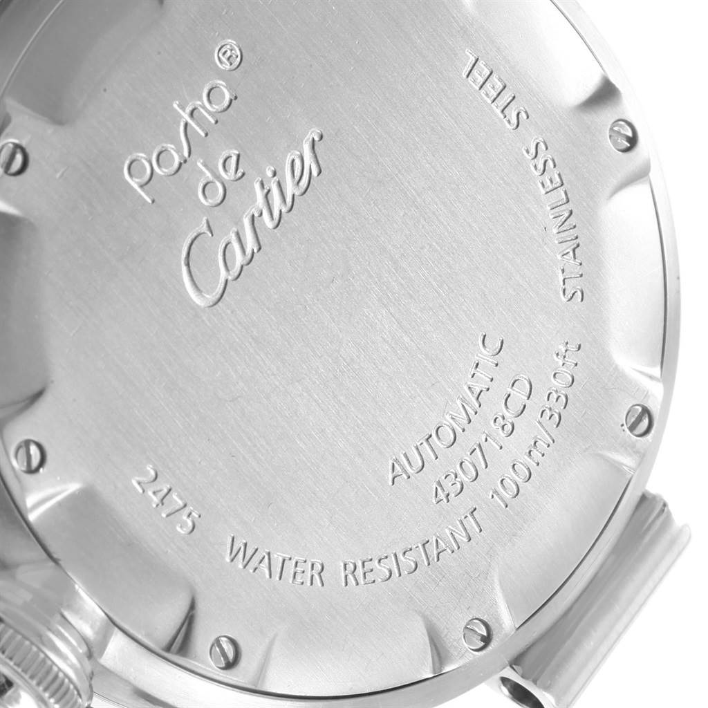 The image shows the back casing of a Cartier Pasha W31044M7 Men's Stainless Steel White Dial W31044M7 Men's Stainless Steel White Dial watch, highlighting its model details and water resistance.