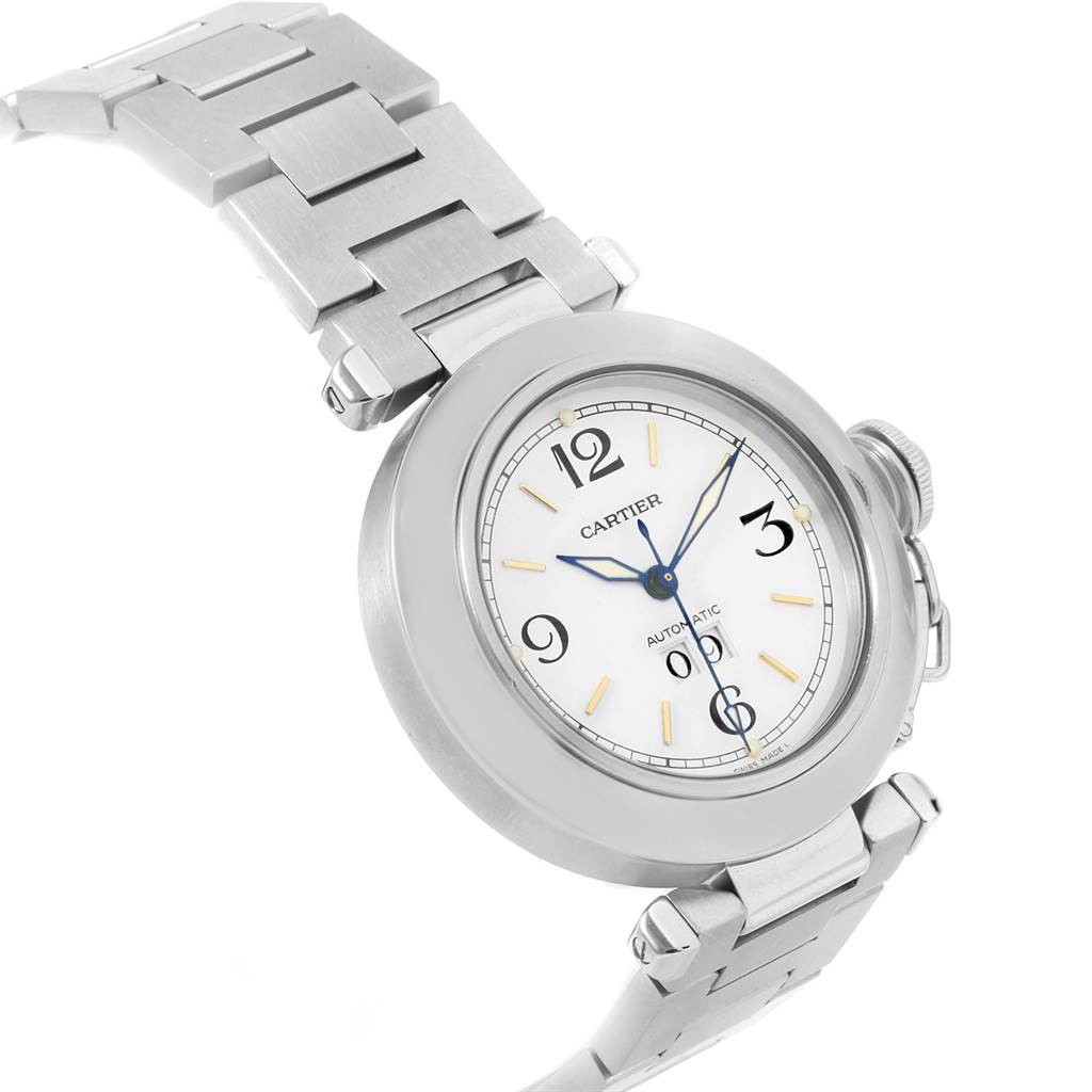 The image shows a Cartier Pasha W31044M7 Men's Stainless Steel White Dial W31044M7 Men's Stainless Steel White Dial watch at an angled view, highlighting the dial, bracelet, and crown.