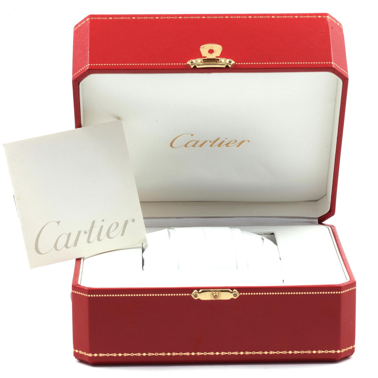 The image shows a Cartier Pasha WJ11913G Women's Rose Gold Silver Dial WJ11913G Women's Rose Gold Silver Dial watch box opened, revealing its interior along with a Cartier branded booklet.