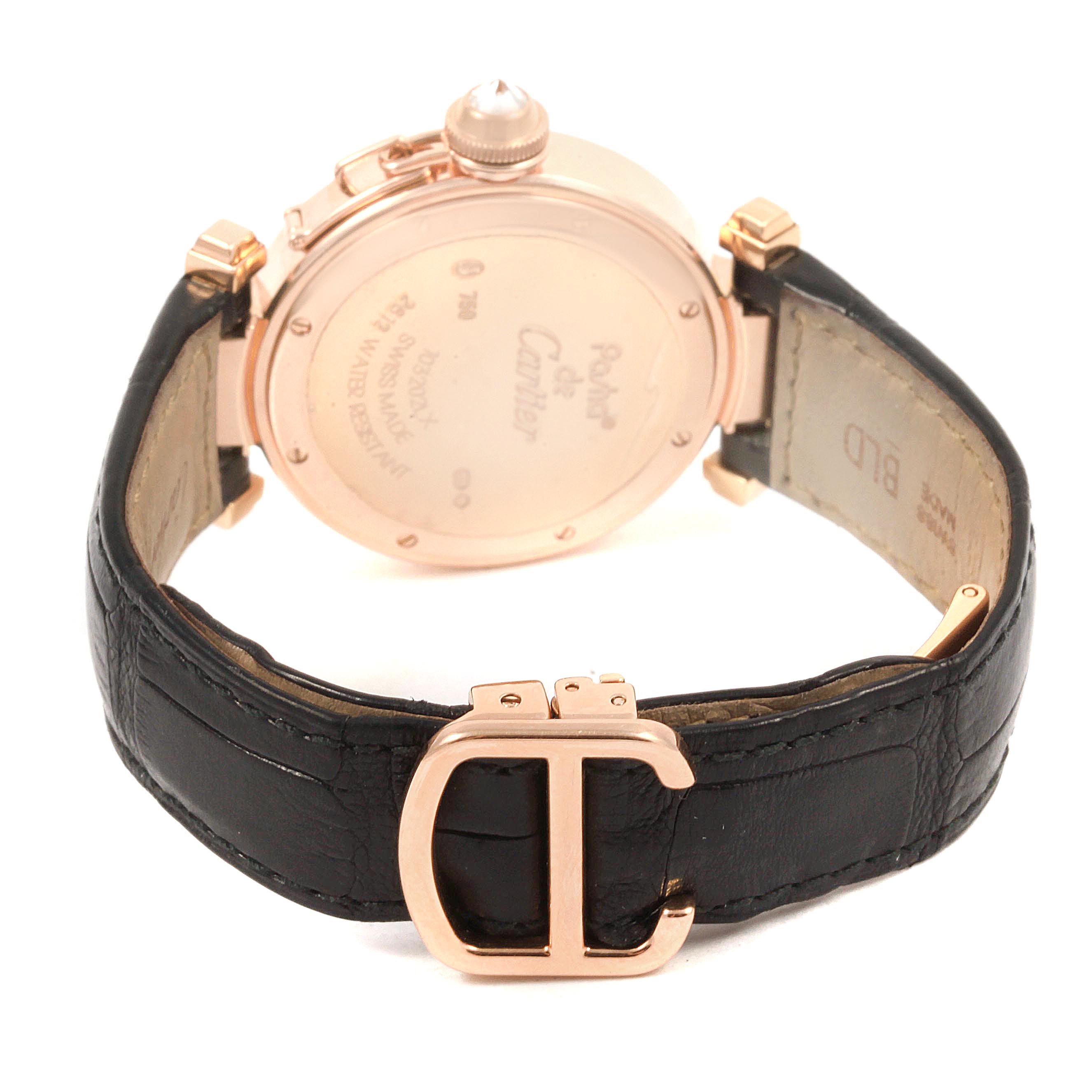 The image shows the back and side view of a Cartier Pasha WJ11913G Women's Rose Gold Silver Dial WJ11913G Women's Rose Gold Silver Dial model watch, highlighting the clasp and the back case details.
