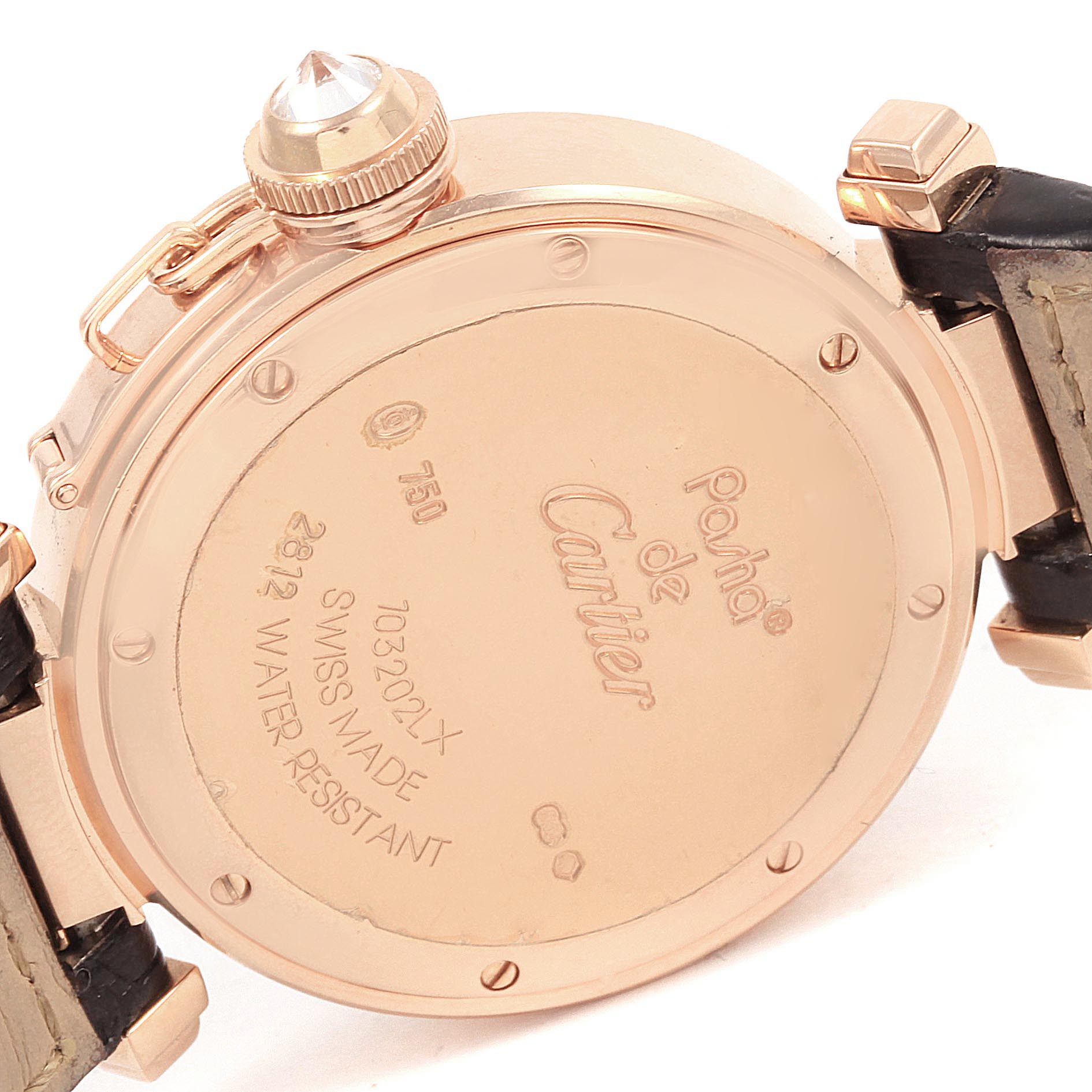 The image shows the back case and part of the strap of a Cartier Pasha WJ11913G Women's Rose Gold Silver Dial WJ11913G Women's Rose Gold Silver Dial model watch at a slight angle.
