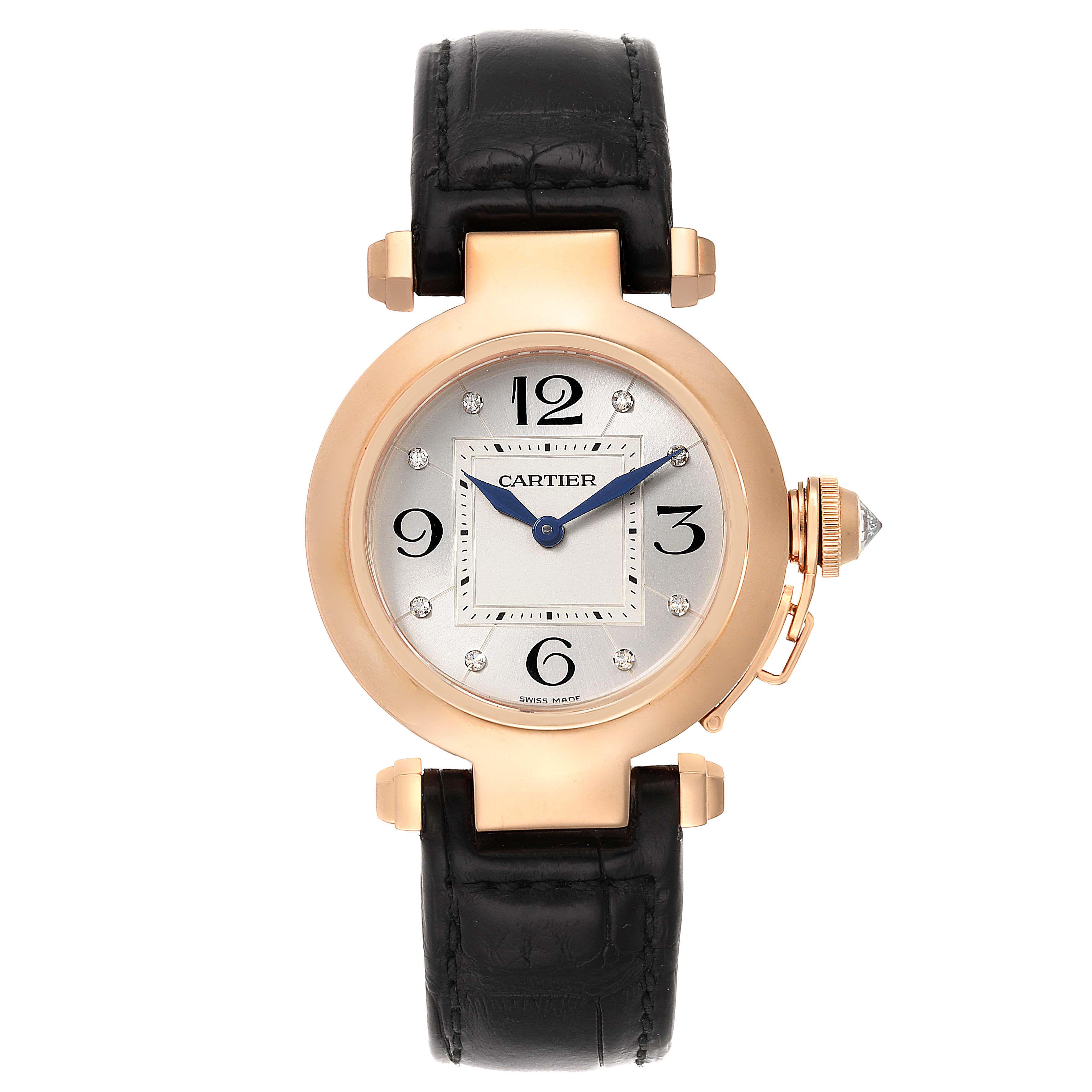 The image shows a front view of a Cartier Pasha WJ11913G Women's Rose Gold Silver Dial WJ11913G Women's Rose Gold Silver Dial watch with a black leather strap and gold case.
