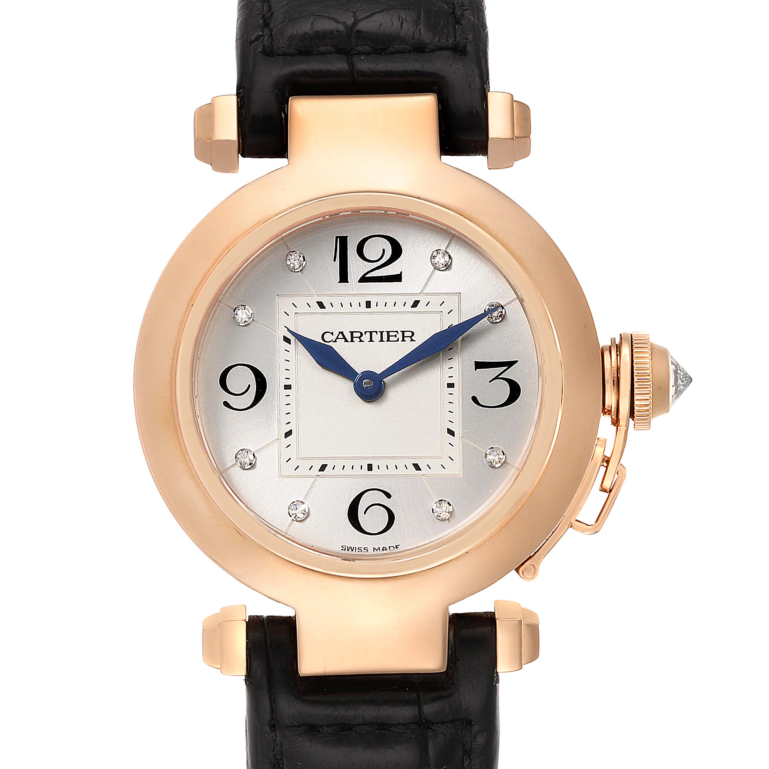 The image shows a front view of the Cartier Pasha WJ11913G Women's Rose Gold Silver Dial WJ11913G Women's Rose Gold Silver Dial watch, highlighting the face, hands, bezel, and strap attachment points.