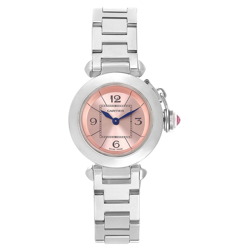 The image shows a front view of the Cartier Pasha W3140008 Women's Stainless Steel Pink Dial W3140008 Women's Stainless Steel Pink Dial watch with a metal bracelet and crown.
