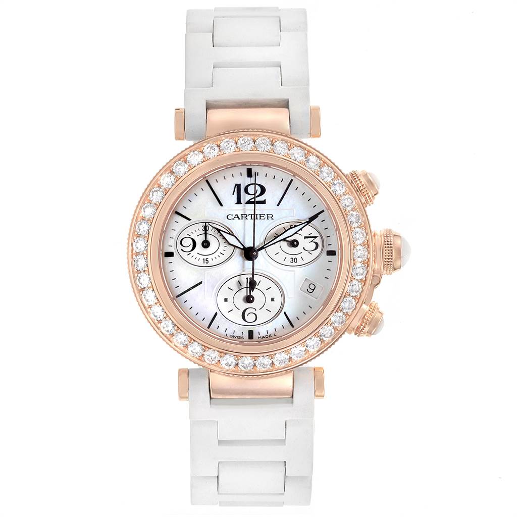 The image shows a front view of the Cartier Pasha WJ130004 Women's White Gold Mother of Pearl Dial WJ130004 Women's White Gold Mother of Pearl Dial watch with a diamond-encrusted bezel and white bracelet.