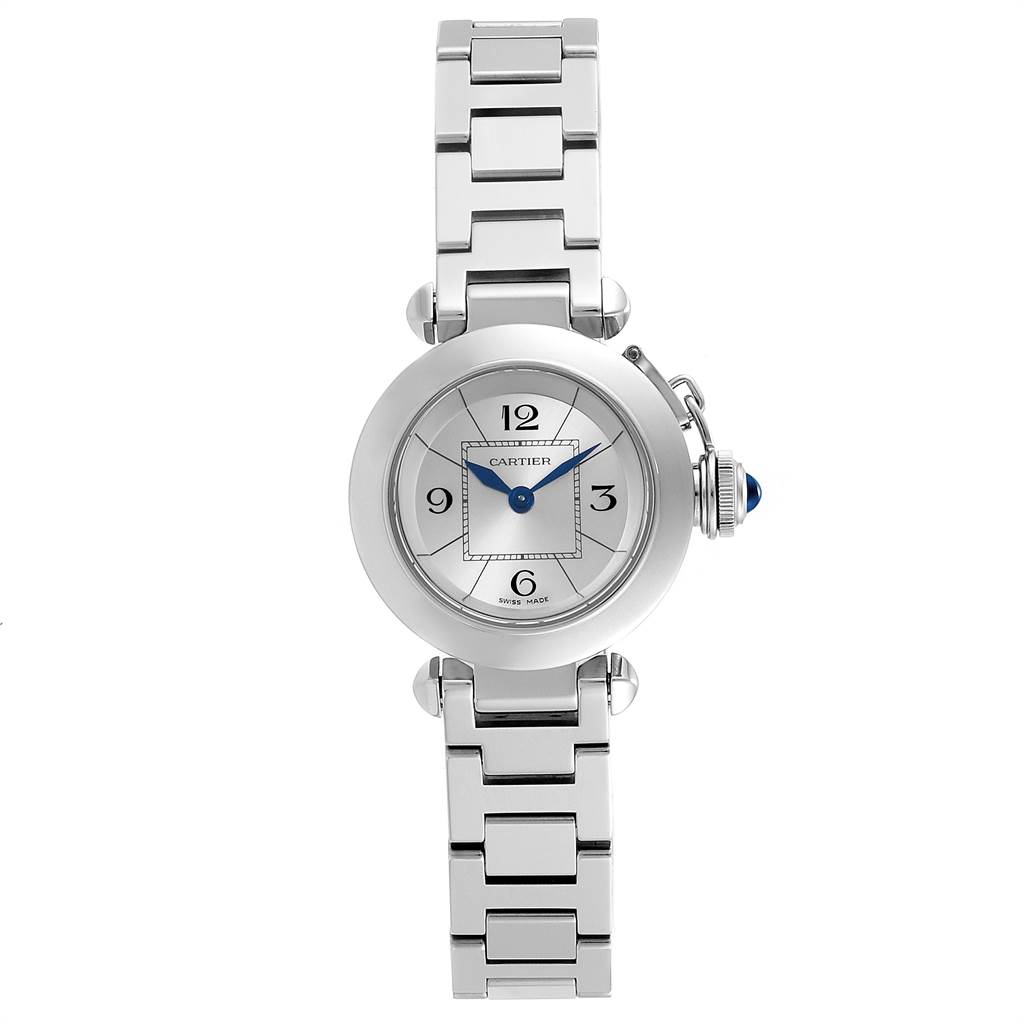 This image shows a front view of a Pasha de Cartier watch, featuring its silver bracelet and dial.