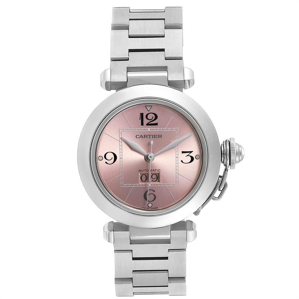 The Cartier Pasha W31058M7 Women's Stainless Steel Pink Dial W31058M7 Women's Stainless Steel Pink Dial watch is shown from a top-down angle, displaying its face, bezel, and bracelet.