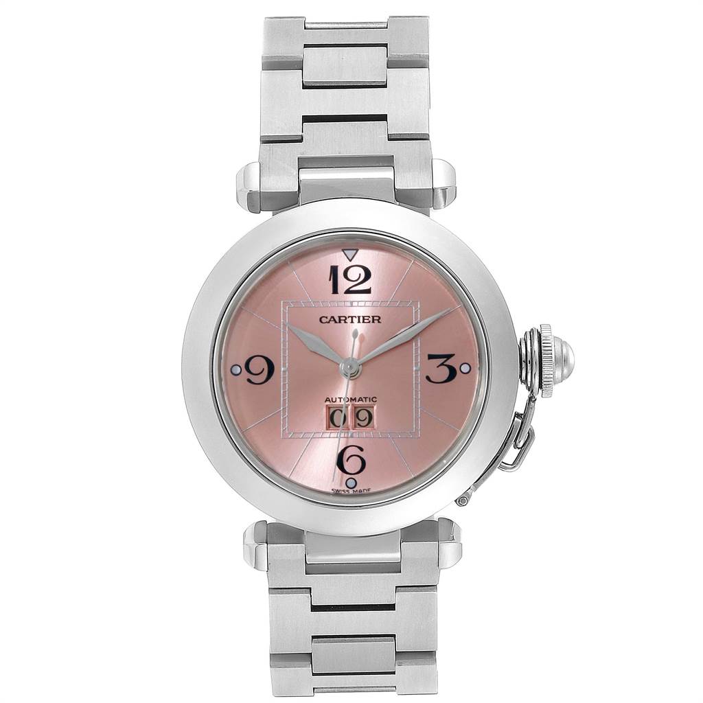The image shows a Cartier Pasha W31058M7 Women's Stainless Steel Pink Dial W31058M7 Women's Stainless Steel Pink Dial model watch from a front angle, featuring its face, bezel, bracelet, and crown.