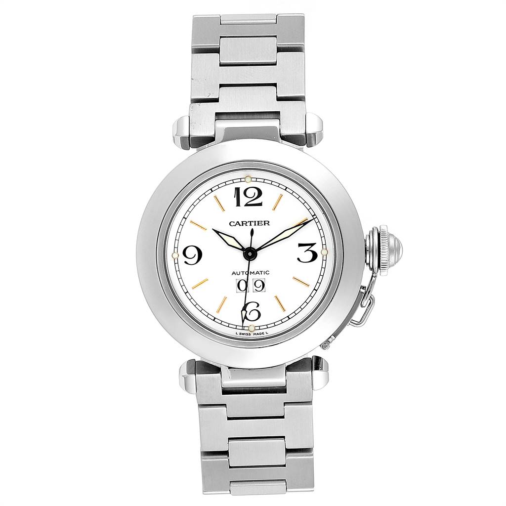 The image shows a front view of a Cartier Pasha W31044M7 Men's Stainless Steel White Dial W31044M7 Men's Stainless Steel White Dial model watch, including its face, bezel, crown, and bracelet.