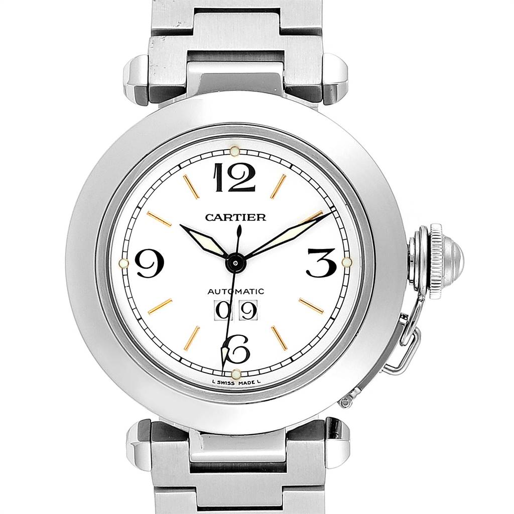 This image shows the front view of the Cartier Pasha W31044M7 Men's Stainless Steel White Dial W31044M7 Men's Stainless Steel White Dial model watch, highlighting the dial and part of the bracelet.