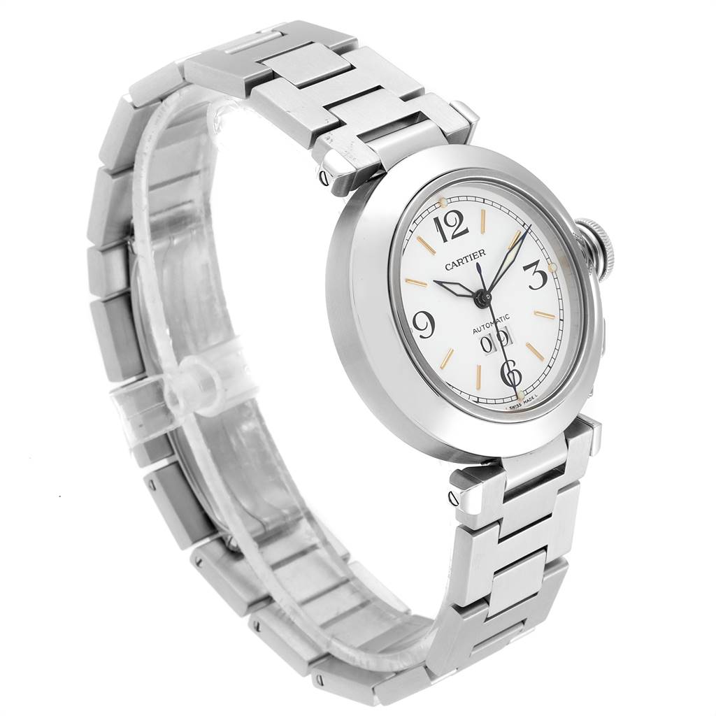 This image shows a Cartier Pasha W31044M7 Men's Stainless Steel White Dial W31044M7 Men's Stainless Steel White Dial watch from a side angle, highlighting the face, bezel, and metal bracelet.