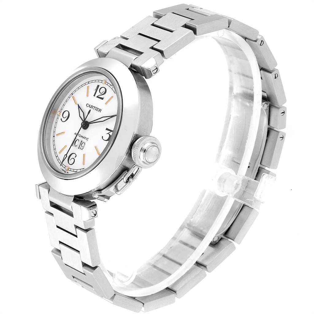 The image shows a side angle of the Cartier Pasha W31044M7 Men's Stainless Steel White Dial W31044M7 Men's Stainless Steel White Dial watch, highlighting its bracelet, crown, and face.
