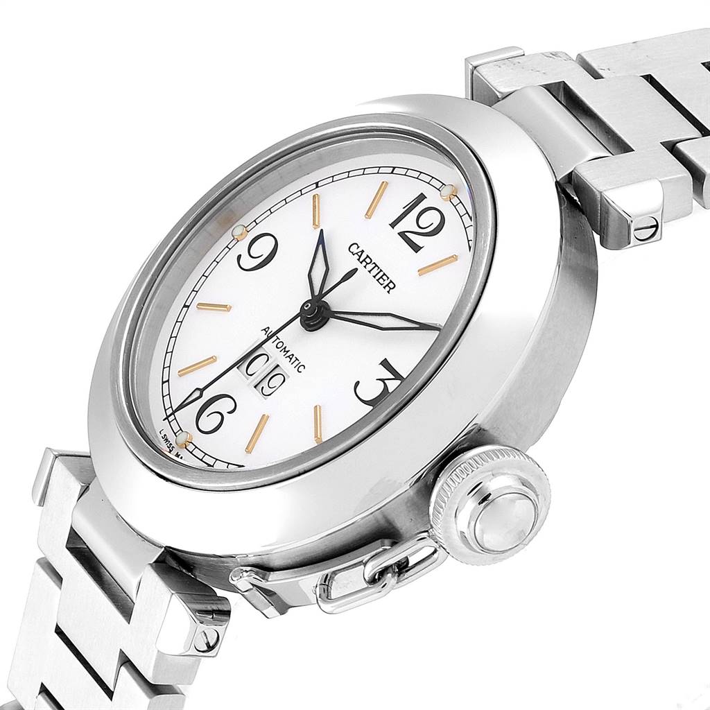 The Cartier Pasha W31044M7 Men's Stainless Steel White Dial W31044M7 Men's Stainless Steel White Dial model watch shown at an angled side view displays the dial, case, crown, and part of the bracelet.