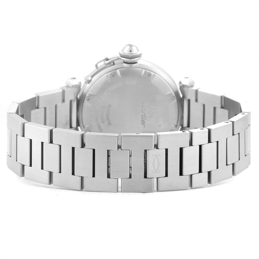 The image shows a rear view of the Cartier Pasha W31044M7 Men's Stainless Steel White Dial W31044M7 Men's Stainless Steel White Dial watch, focusing on the back case and the metal bracelet.