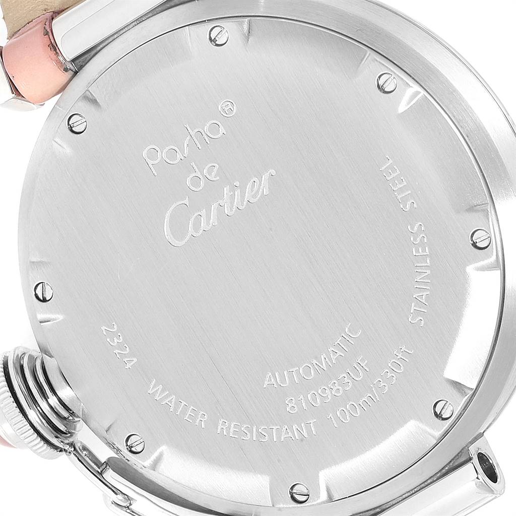 The image shows the back case of the Cartier Pasha 2324 Women's Stainless Steel Mother of Pearl Dial 2324 Women's Stainless Steel Mother of Pearl Dial watch, highlighting brand engravings and specifications.