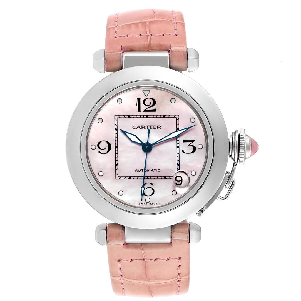 This image shows a Cartier Pasha 2324 Women's Stainless Steel Mother of Pearl Dial 2324 Women's Stainless Steel Mother of Pearl Dial watch from a front angle, highlighting the dial, case, and pink leather strap.