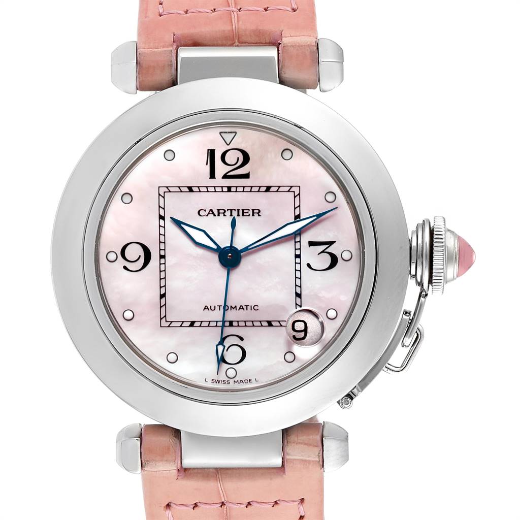 The image shows a frontal view of the Cartier Pasha 2324 Women's Stainless Steel Mother of Pearl Dial 2324 Women's Stainless Steel Mother of Pearl Dial watch with a pink leather strap and a pink mother-of-pearl dial.