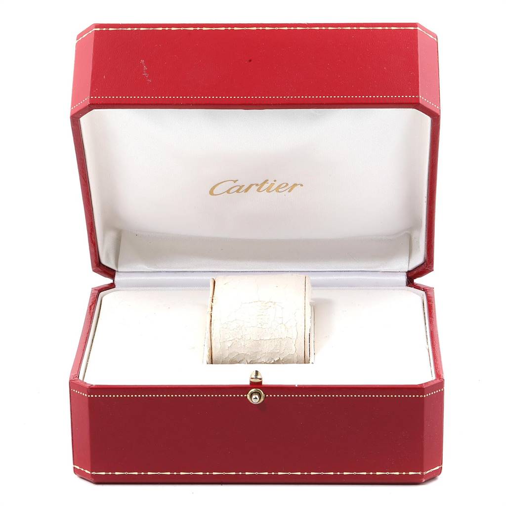 This image shows an open Cartier watch box for the Pasha model, displaying the interior with a watch cushion.