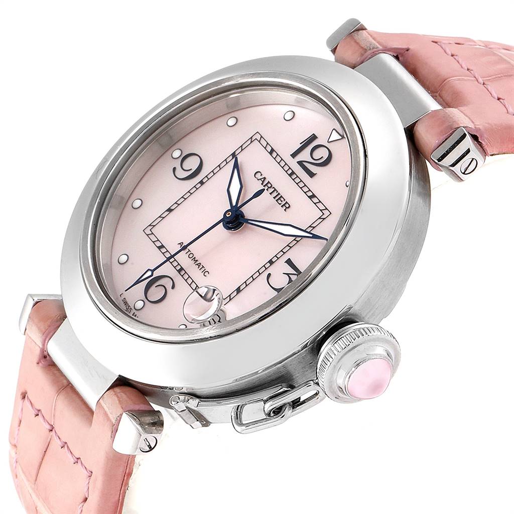 The image shows a Cartier Pasha 2324 Women's Stainless Steel Mother of Pearl Dial 2324 Women's Stainless Steel Mother of Pearl Dial watch at an angle highlighting its face, case, and pink leather strap.