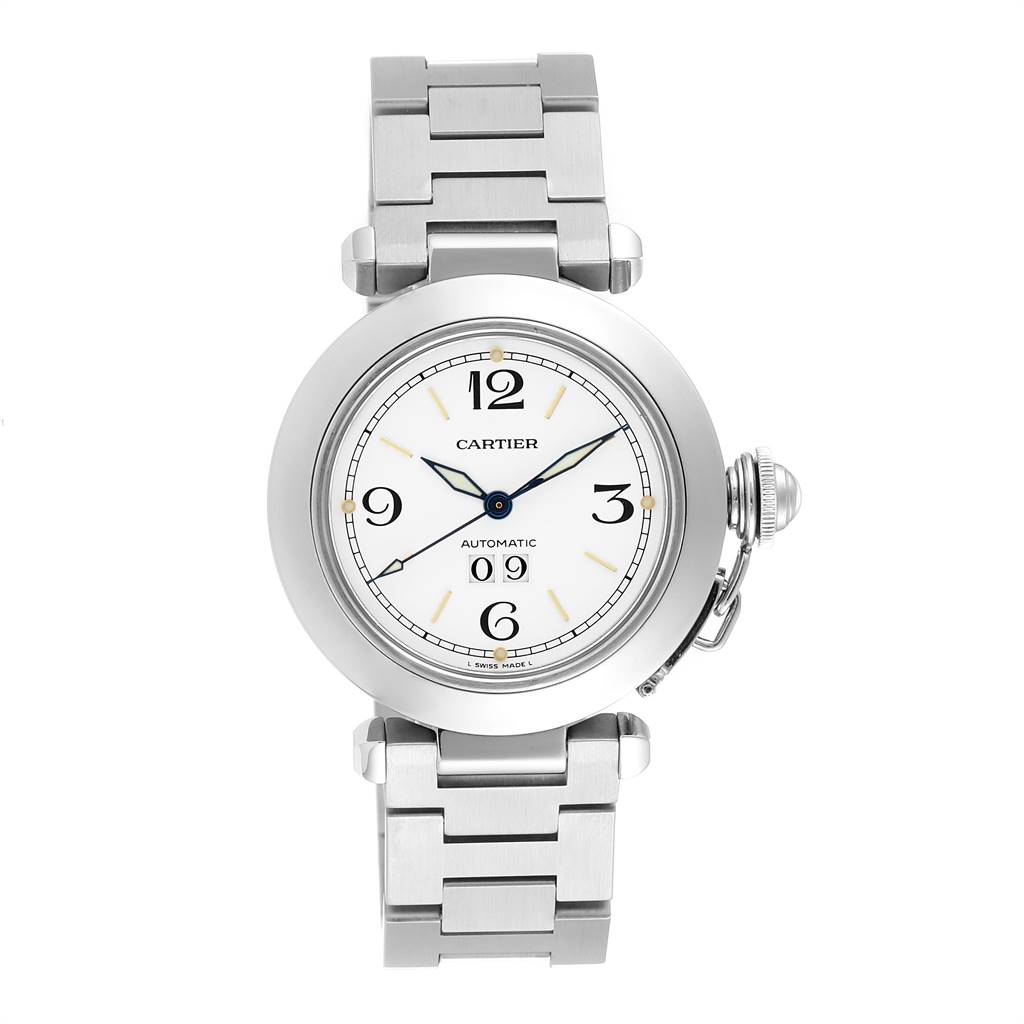 This image shows a front view of the Cartier Pasha W31044M7 Men's Stainless Steel White Dial W31044M7 Men's Stainless Steel White Dial model watch, highlighting its stainless steel case, dial, and bracelet.